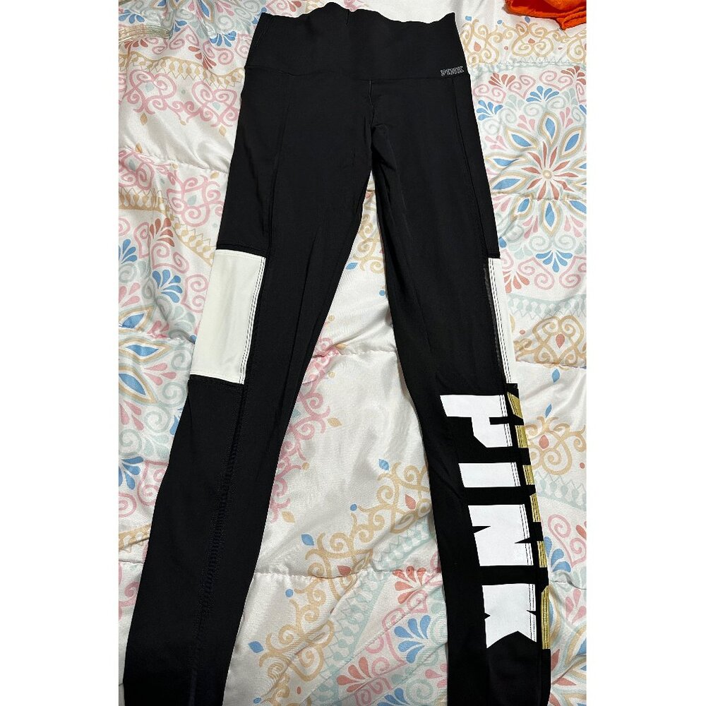 VS PINK Black White and Gold Bonded Leggings